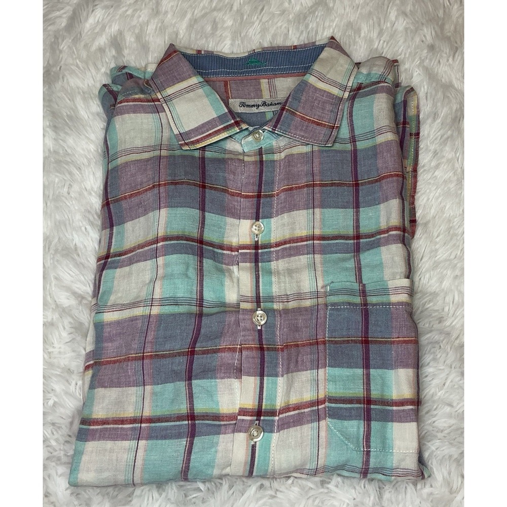 Tommy Bahama‎ Long Sleeve Men's med Button Down Plaid 100% Linen Shirt